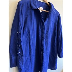 Chico's Womans Blue Lace Up 3/4 Sleeve  Button  Up Cotton Top Size 4/XXL